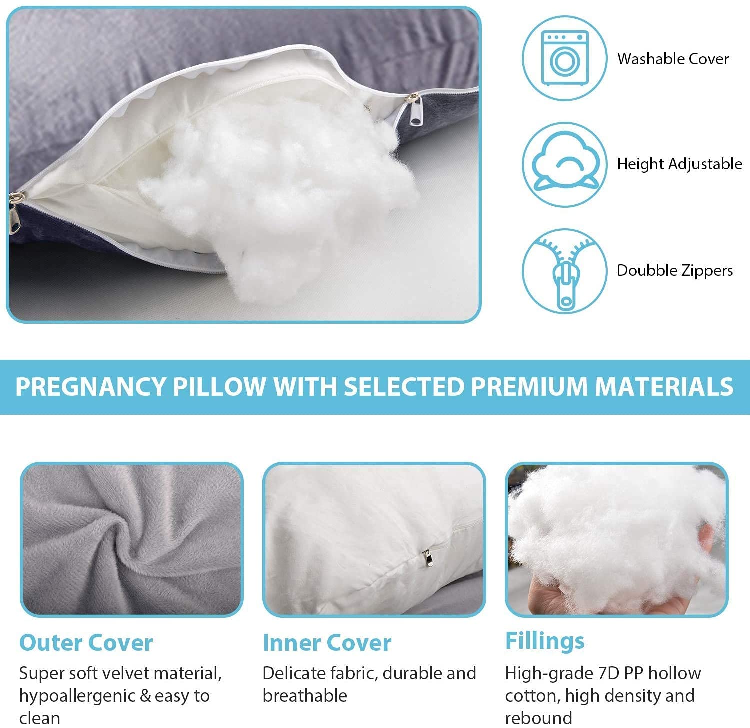Pregnancy Pillow J-Shaped Full Body Pillow, 59 inch with Velvet Cover Easy to Remove and Wash, Support Pregnant Women's Backs Legs and HIPS, Improve Sleep,Pregnancy Pillow for Women ，Gray