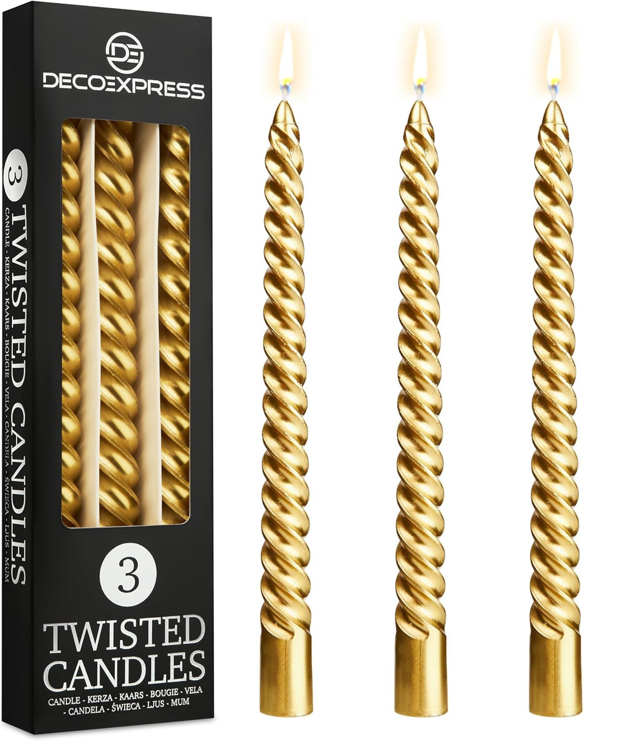 DECO EXPRESS Candles, Pack of 3 Dinner Candles, Non Drip Twisted & Non Scented, Long 6 Hours Burning Time, Cosy Home Decor, Birthday, Valentine’s Day & Mother’s Day Gift Idea (Gold, Pack of 3)