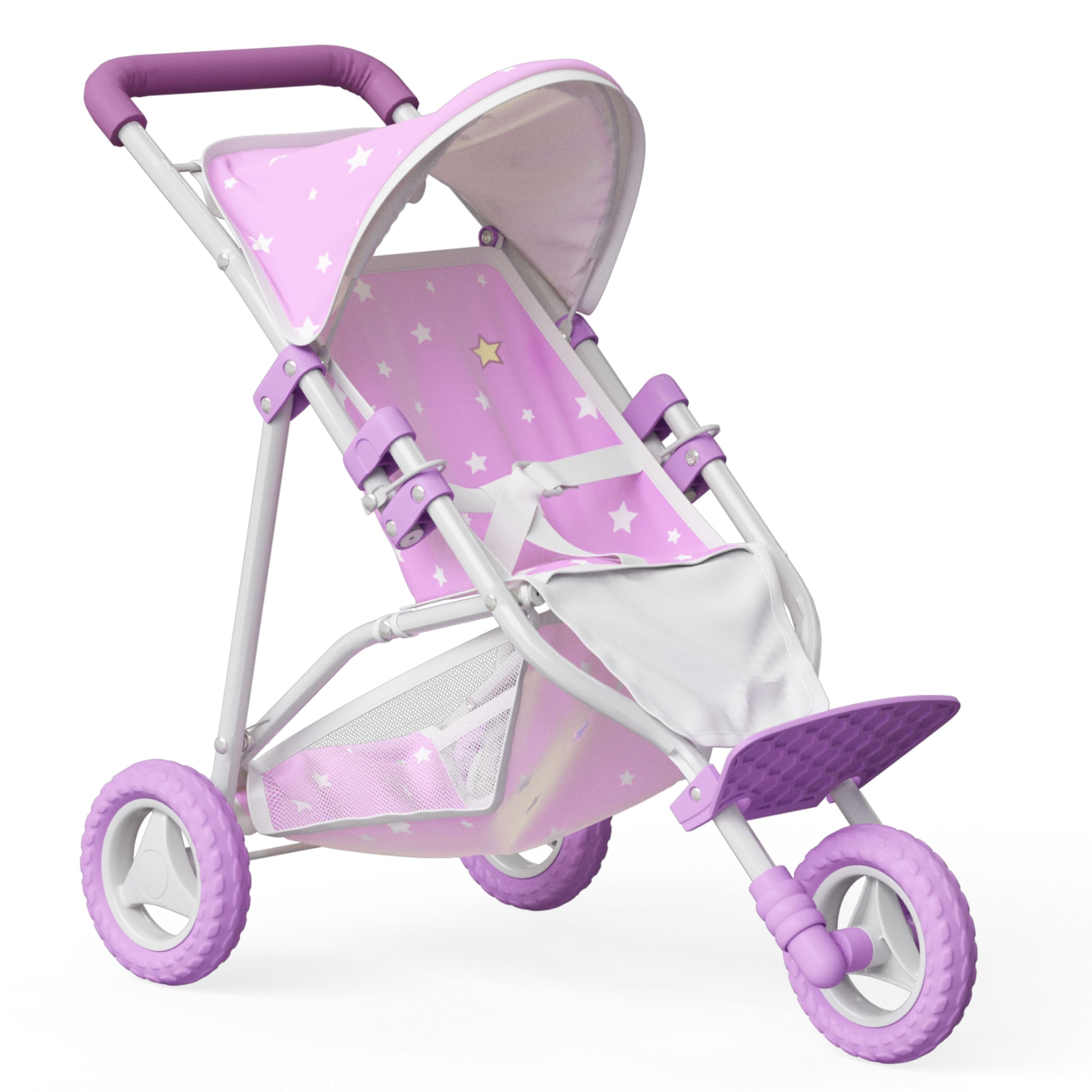 Olivia's Little World Baby Doll Jogging-Style Pram with Canopy, Seatbelt and Storage Space, Purple and White