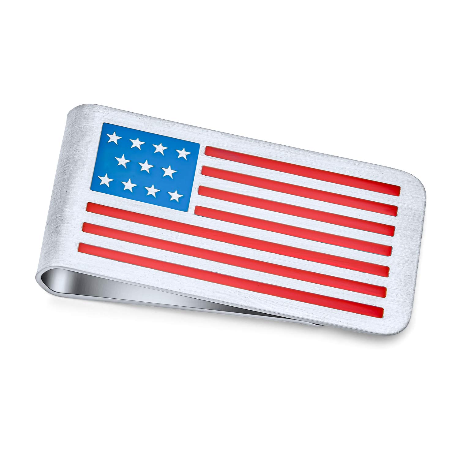 Bling Jewelry Patriotic USA American Flag Red White Blue Stars Stripes Money Clip for Men Dad Plain Engravable Credit Card Enamel Silver Tone Stainless Steel