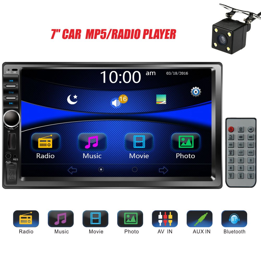 Regetek Car Stereo Double Din 7" Touchscreen in Dash Stereo Car Audio Video  Player Bluetooth FM AM Radio Mp3 /TF/USB/ AUX-in/Subwoofer/Steering Wheel  ...