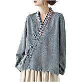 LMSXCT Women's Cotton Linen Shirt Long Sleeve Chinese Frog Button Embroidery Qipao Blouse Retro Traditional Cheongsam Shirt