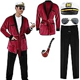 Pigmiss Mens Red Robe Halloween Jacket Captain Costumes Set with Pants Captain Hat Pipe Sunglasses Accessories for Adult