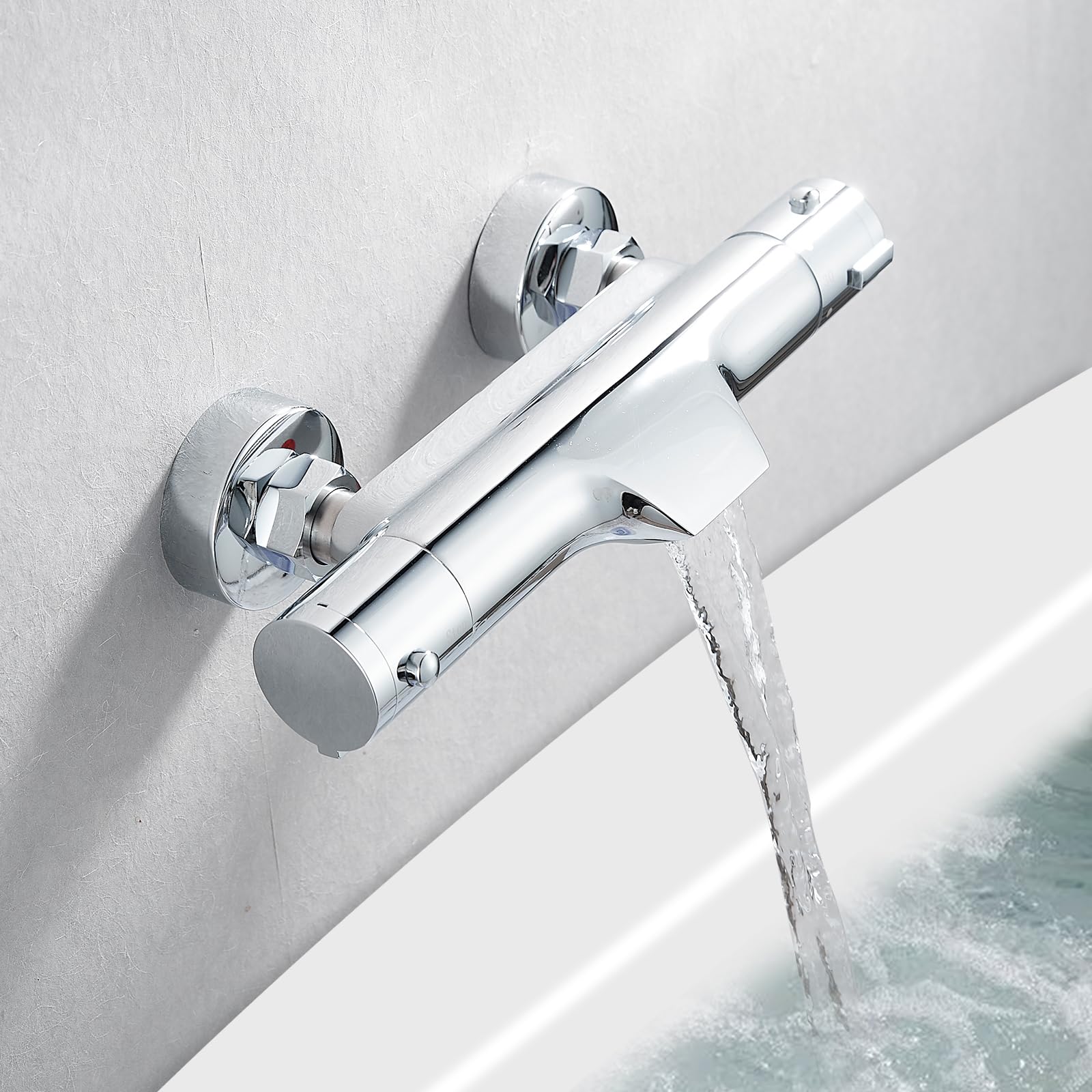 KEOKBON Thermostatic Bath Shower Mixer Tap,38℃ Safety Anti-Scald Bathtub Shower Mixer Bar Valve with Waterfall Bath Filler Spout, Exposed Brass Thermostatic Shower Tap Anti Scald, Wall Mounted, Chrome