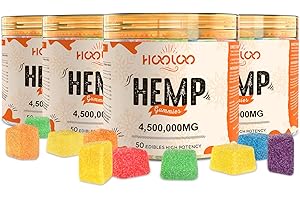 HOOLOO Hemp Gummies Extra Strength for Adults - 6 Fruity Flavors Infused Vitamins, Omega 3 - Chewable Gummy for Deep Bedtimes, Focus, Unwind - Pack of 4 - Made in USA