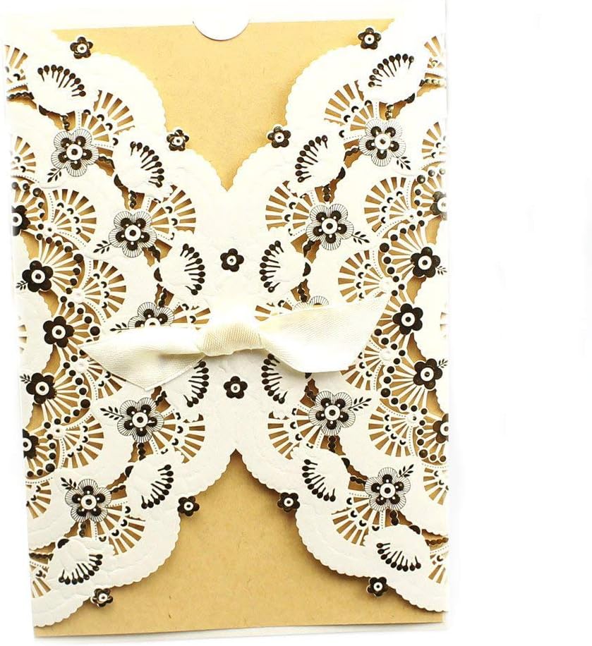 White and Gold Laser Cut Wedding Invitations Cards, Printable Wedding Invitations Kit with Lace and Hollow Pattern Cardstock for Marriage Engagement Birthday with Envelopes Seals (Pack of 50pcs)