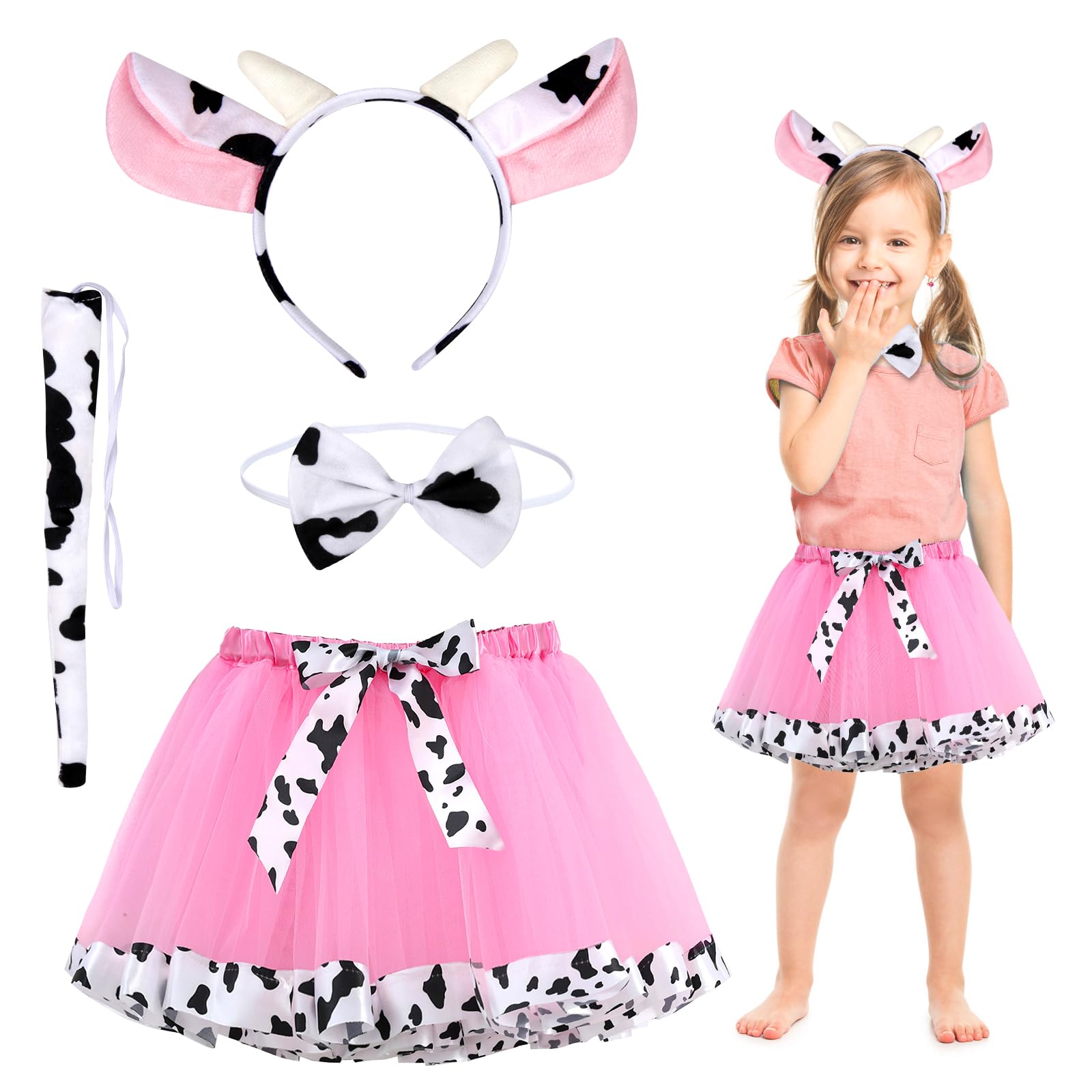 HONMOK Kids Cow Halloween Costume With Pink Tutu Skirt, Ears Headband, Bowtie, Tail, Stickers - Fancy Dress for 3-10y Girls Nativity Pretend Play Party — image 1
