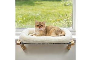 AMOSIJOY Cat Sill Window Perch Sturdy Hammock Seat with Cushion Bed Cover, Wood & Metal Frame for Large Cats, Easy to Adjust 