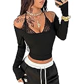 SOLY HUX Women's Lace Halter Crop Top Long Sleeve Deep V Neck Ribbed Slim Going Out T Shirts