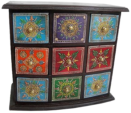 monika art Theshopy Wooden Hand Painted 9 Drawer Box Size 11x12x6 (Inches)