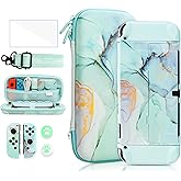 FANPL Case bundle for Nintendo Switch OLED Accessories, Carrying Case for Switch OLED and Joy Con with Flip Protective Cover and Screen protector, 4 Thumb Grips, Shoulder Strap - Marble Jadeite Green