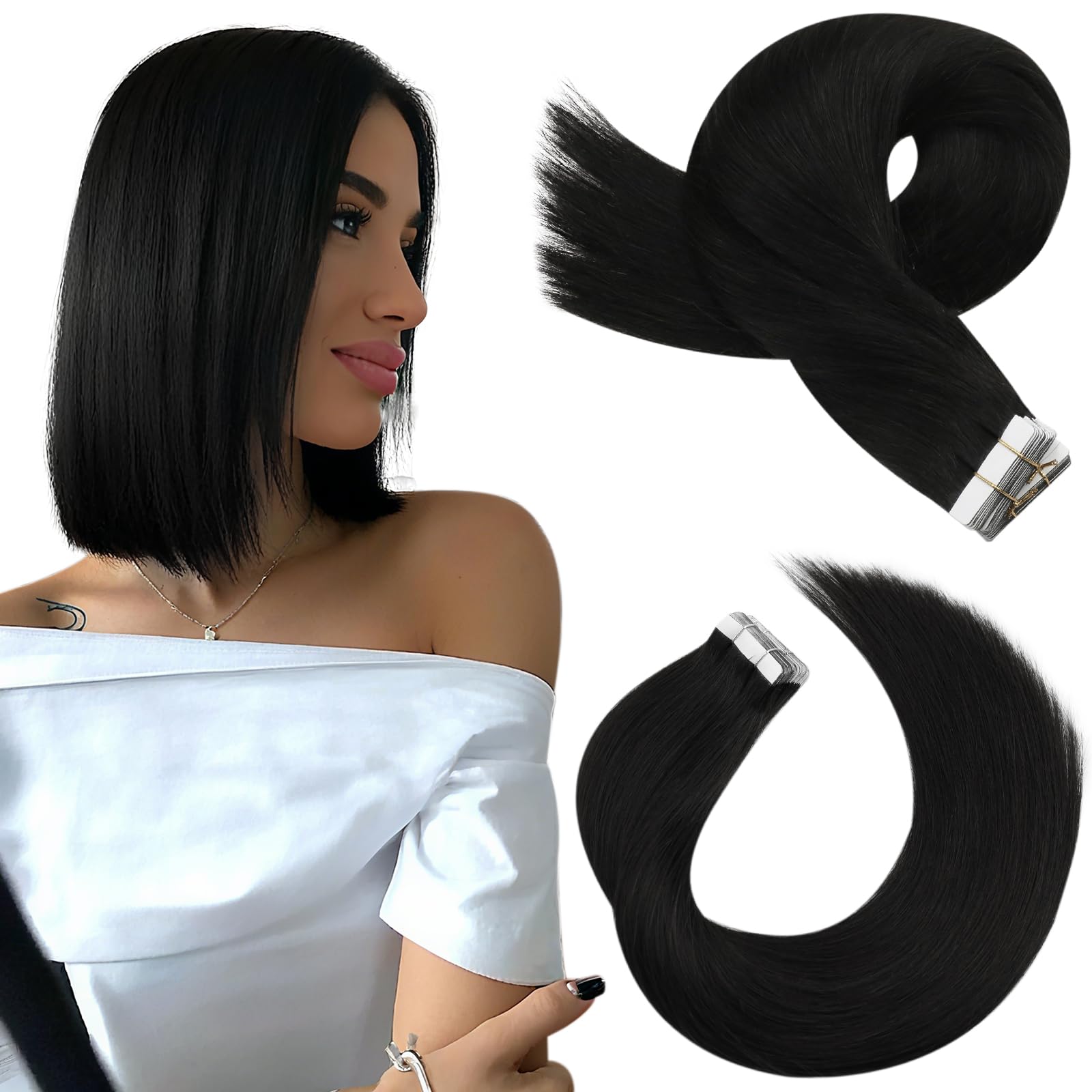 Moresoo Tape Hair Extensions Real Human Hair Natural Black Hair Extensions Tape in Off Black for Natural Looking Daily Use 14 Inch 20 Pieces/40g #1B — image 1
