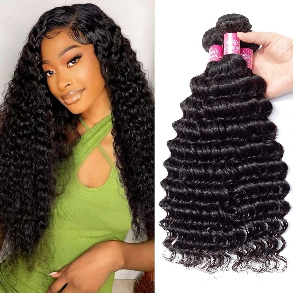 Sexycat Deep Curly Human Hair Bundles 14 16 18 Inch 100% Unprocessed Brazilian Virgin Hair Extensions Water Wave Weave Bundles Human Hair Natural Color — image 1