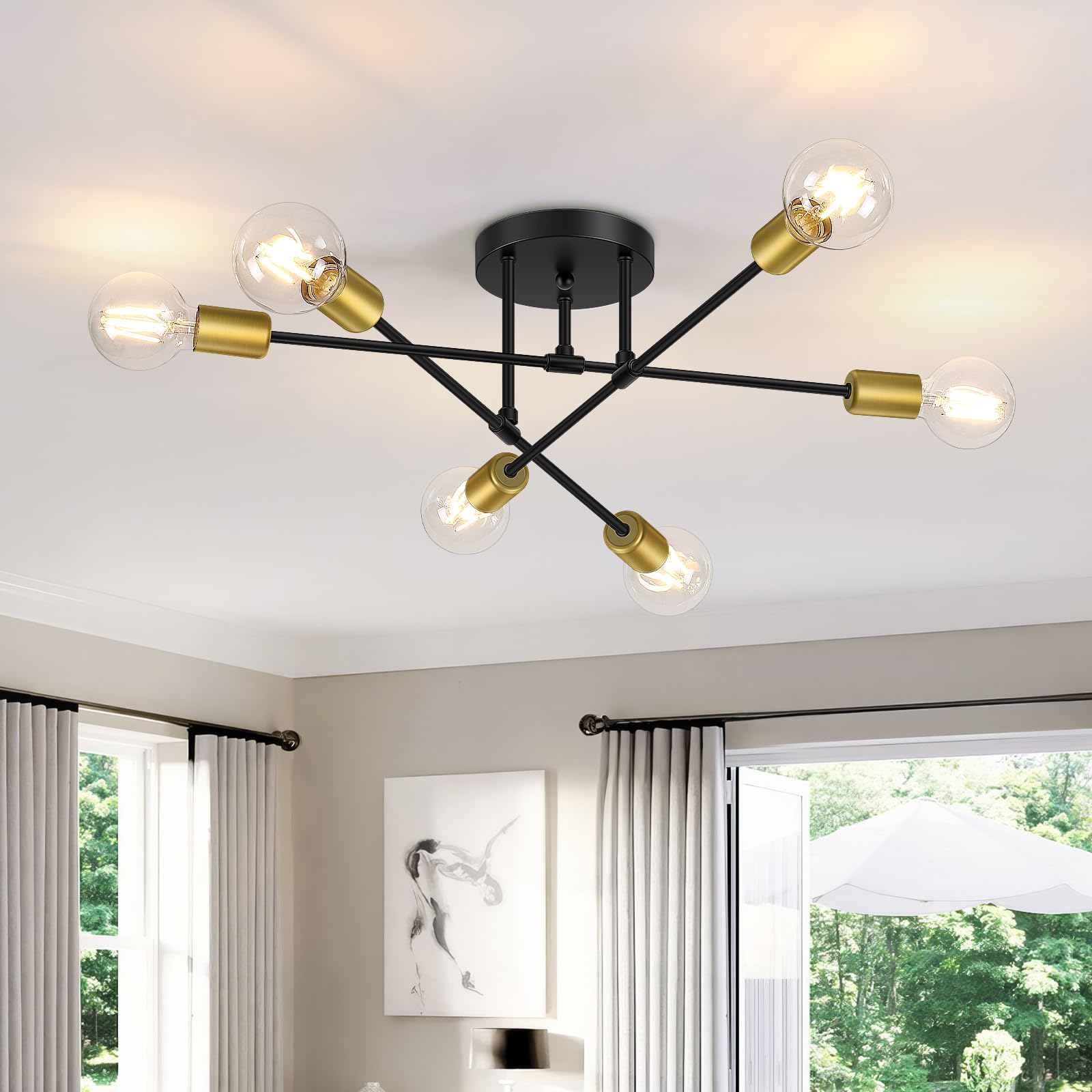 Gbood Modern Semi Flush Mount Ceiling Light, 6-Lights Sputnik Chandelier for Bedroom Lighting, Industrial Kitchen Light Fixture Ceiling Mount for Dining Room Hallway Living Room(Black with Gold)