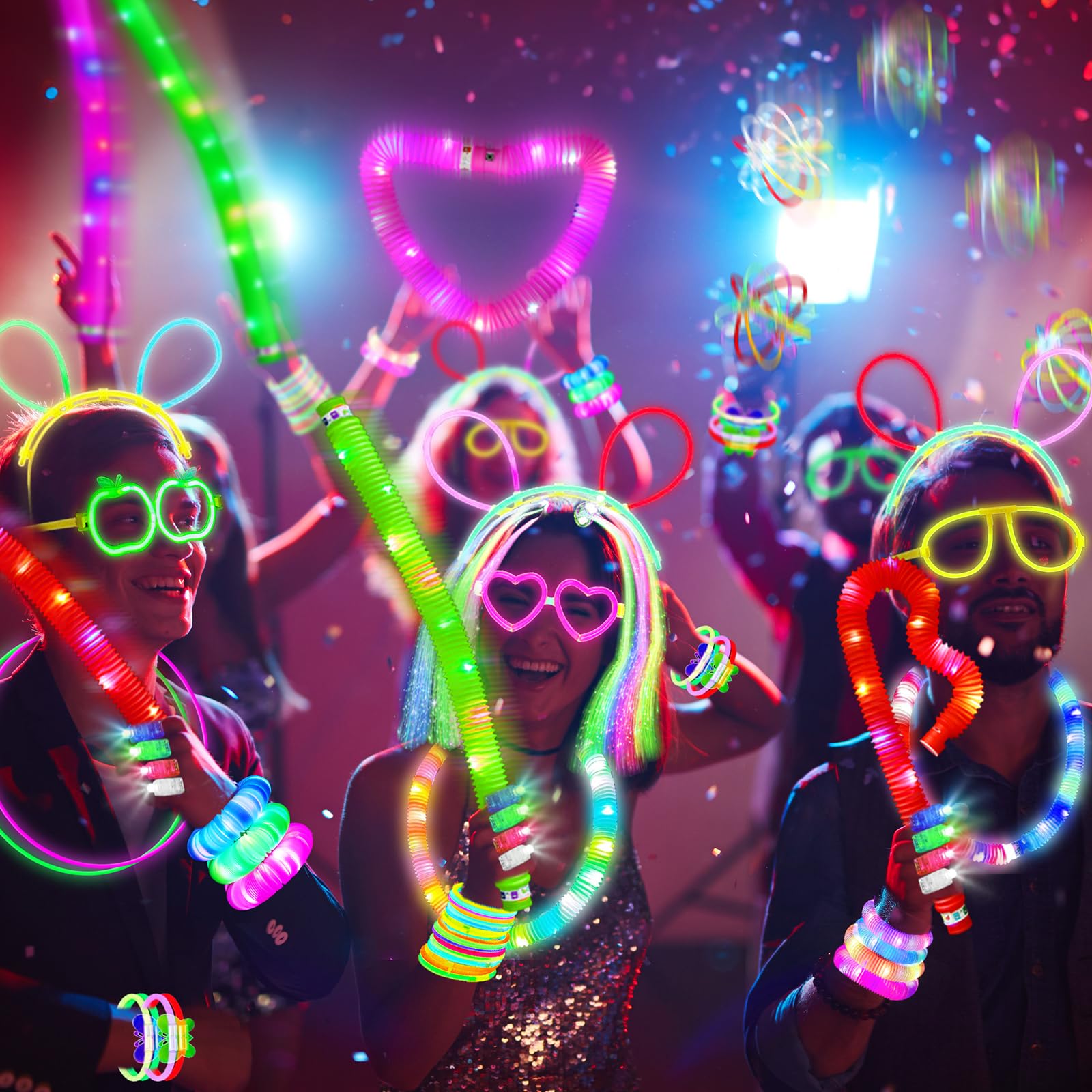 Glow in the Dark Party Favors for Adults Kids, 27 Carnival Accessories, 56 LED Light Up Toys Bulk, 100 Glow Sticks Party Pack, Neon Party Supplies & Decorations