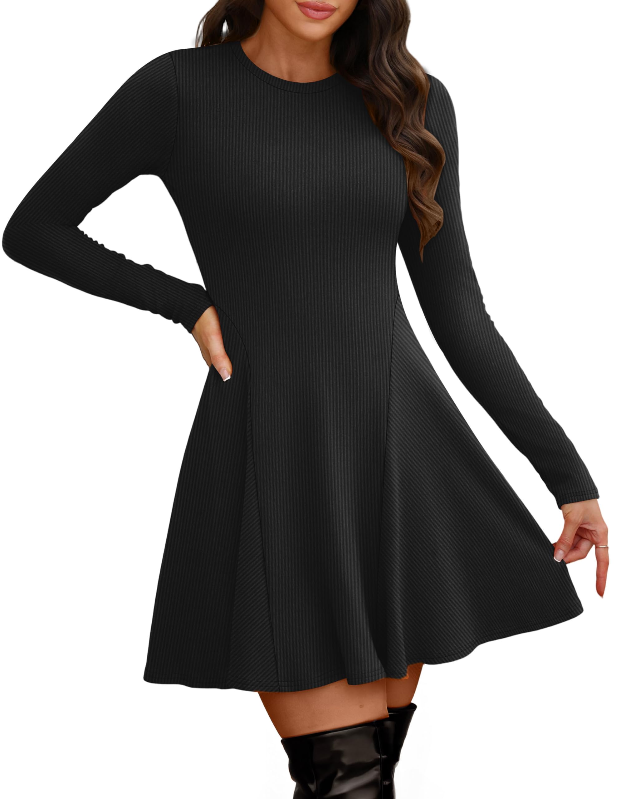 OFEEFAN Sweater Dress for Women Fall 2025 Long Sleeve Crew Neck Ribbed Knit Fit and Flare A-Line Dresses