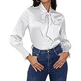 Satin Blouses for Women Dressy Smocked Long Sleeve Bow Tie Neck Shirts Casual Work Tops