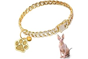 Hillban Cat Collar Diamond Chain Glitter Collar Walking Metal with Secure Buckle Cat Pet Necklace with Paw Charm and ID Tag Bell Link Cuban Jewelry Accessories(8 Inch,Gold)