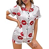 RUEWEY Womens Satin Pajamas Set Heart Print Button Down Shirt Shorts Set 2 Piece Silk Pjs Sleepwear