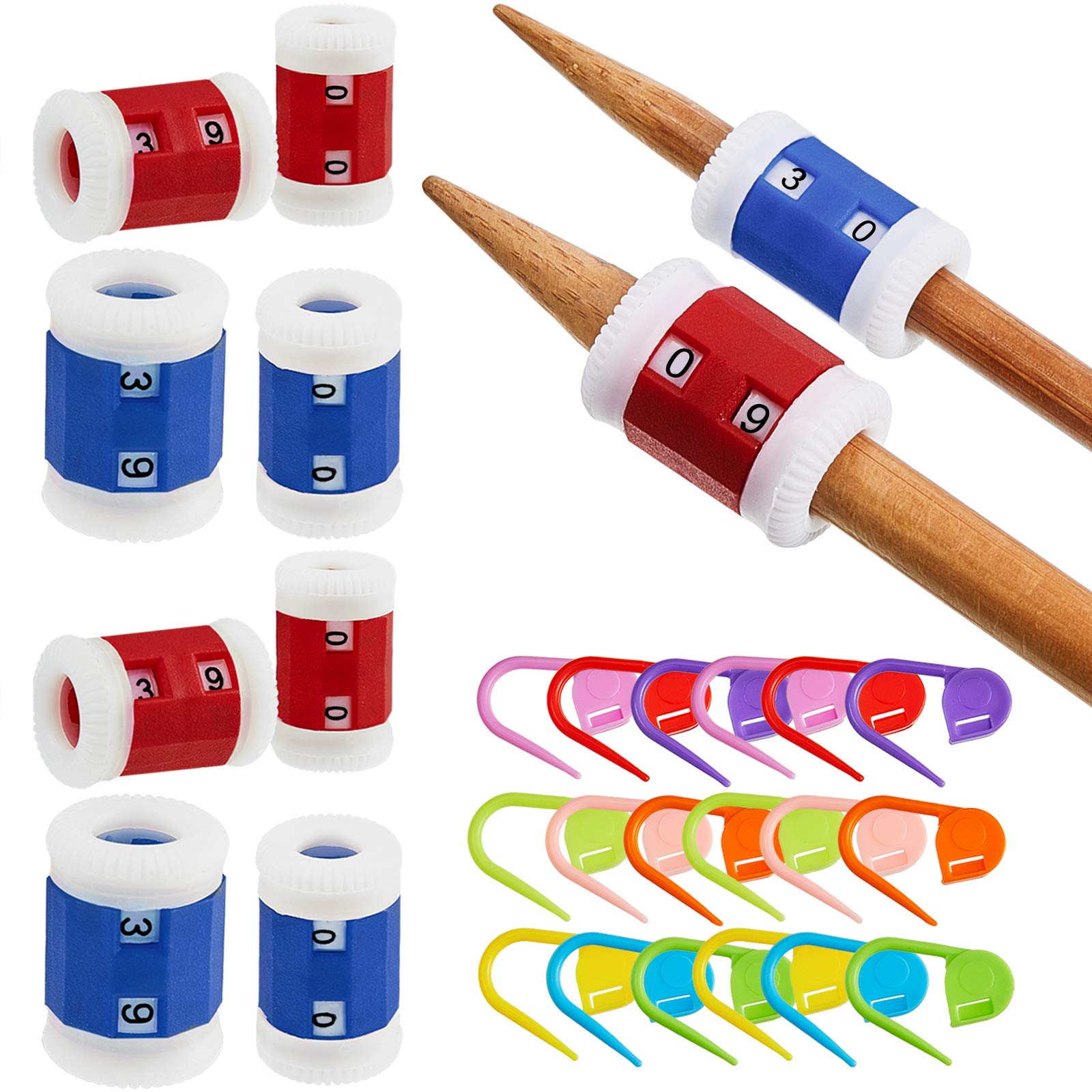 Row Counter and Crochet Stitch Markers Sets, Including 12 Pieces Row Counters in Different Sizes and 20 Pieces Knitting Crochet Locking Stitch Markers Colorful Needle Clips