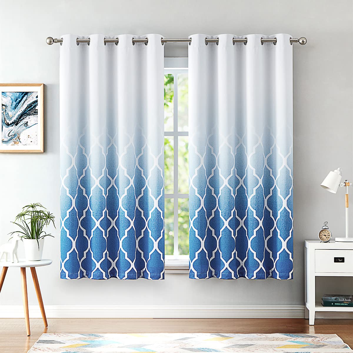 Beauoop Blackout Curtains for Bedroom Blue Ombre Curtains 72 Inch Drop Geometric Print Eyelet Curtain for Living Room Darkening Thermal Insulated Window Curtain Drapes 2 Panel