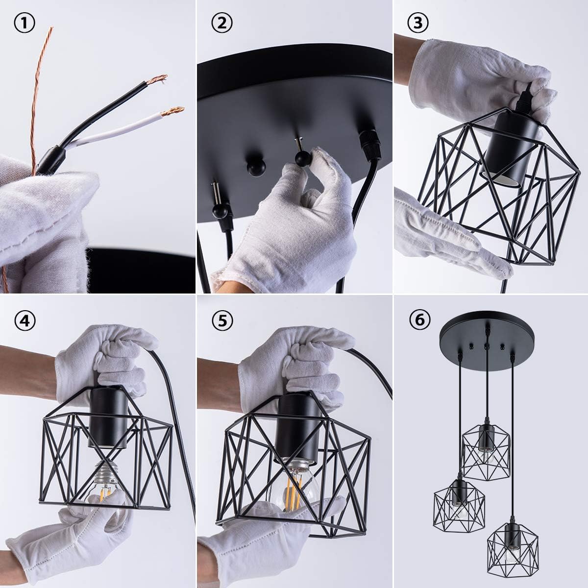 VILUXY Industrial 3-Light Pendant Lighting, with Black Metal Cage Shade, Adjustable Pendant Light for Kitchen Living Room Bedroom Hallway or Bar - - 