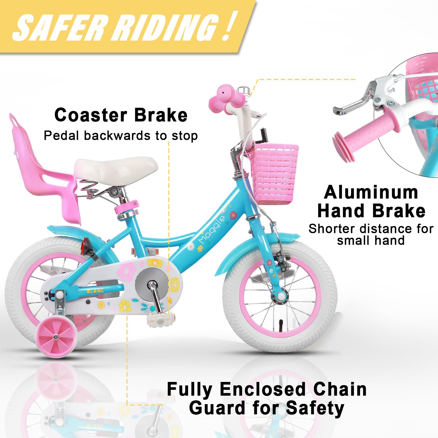 Glerc Maggie Girls Bike, 12-20 Inch Kids Bike for 2-13 Years Old Children, Princess Style Kids Bicycle with Doll-Seat & Basket & Training Wheels, Multiple Colors