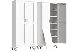 erosoei 75" H Metal Garage Storage Cabinet, Rolling Tool Cabinet with 2 Doors and Wheels, Locker Steel Cabinet with 5 Adjustable Shelves, Organization Cabinet for Garage,Office,Home,Gym,School（White）