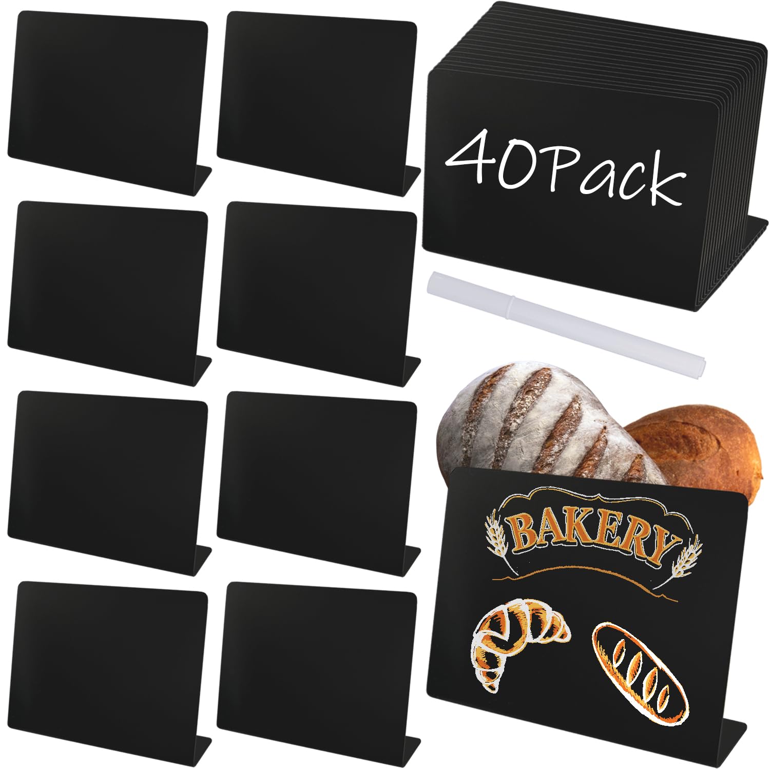 40 Pack Mini Chalkboard Signs, Erasable Plastic L-Shaped Price Tags with White Pen. Reusable Small Blackboard Food Labels for Weddings, Buffets, Parties, Bakery & Shop Displays (100 x 77 mm)