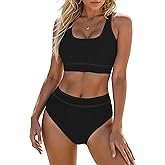 Blooming Jelly Womens High Waist Bikini Sets Sporty Color Block Two Piece Swimsuits Scoop Neck Cheeky Bathing Suits