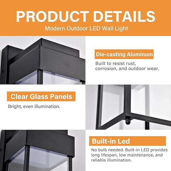 COTTAGE LIFE MODERN LED OUTDOOR WALL LIGHT, WATERPROOF EXTERIOR WALL SCONCE, BLACK ALUMINUM WALL MOUNT FIXTURE WITH CLEAR GLASS, 12W 1440LM 3000K FOR PORCH, PATIO, GARAGE, FRONT DOOR