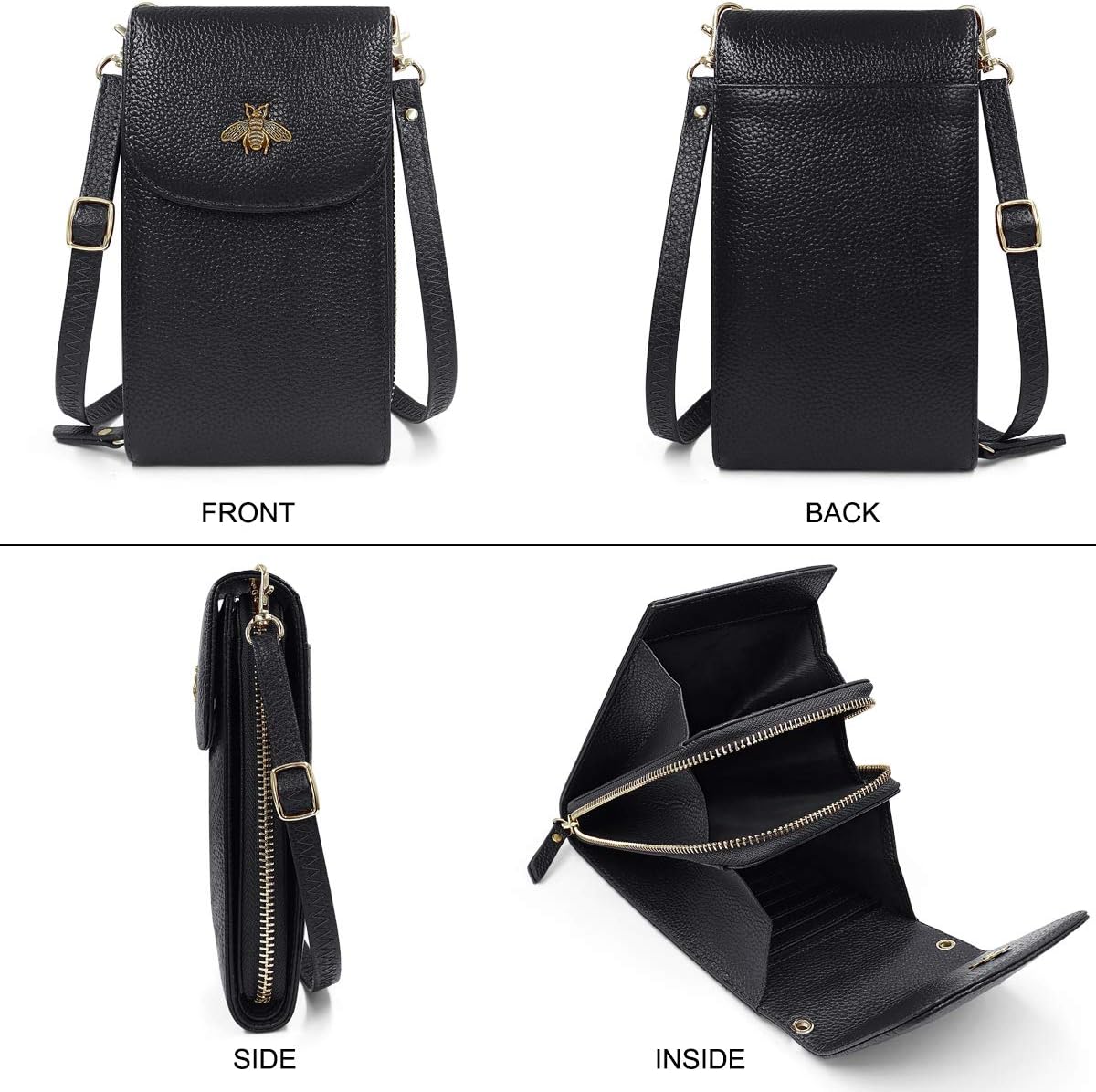 HNOOM Crossbody Phone Bag Women Genuine Leather Phone Bag Small Cellphone Crossbody Shoulder Bag Purse Wallet with 8 Card Slots Multi Compartment Phone Purse Bag with Shoulder Strap (Black) - Image 5