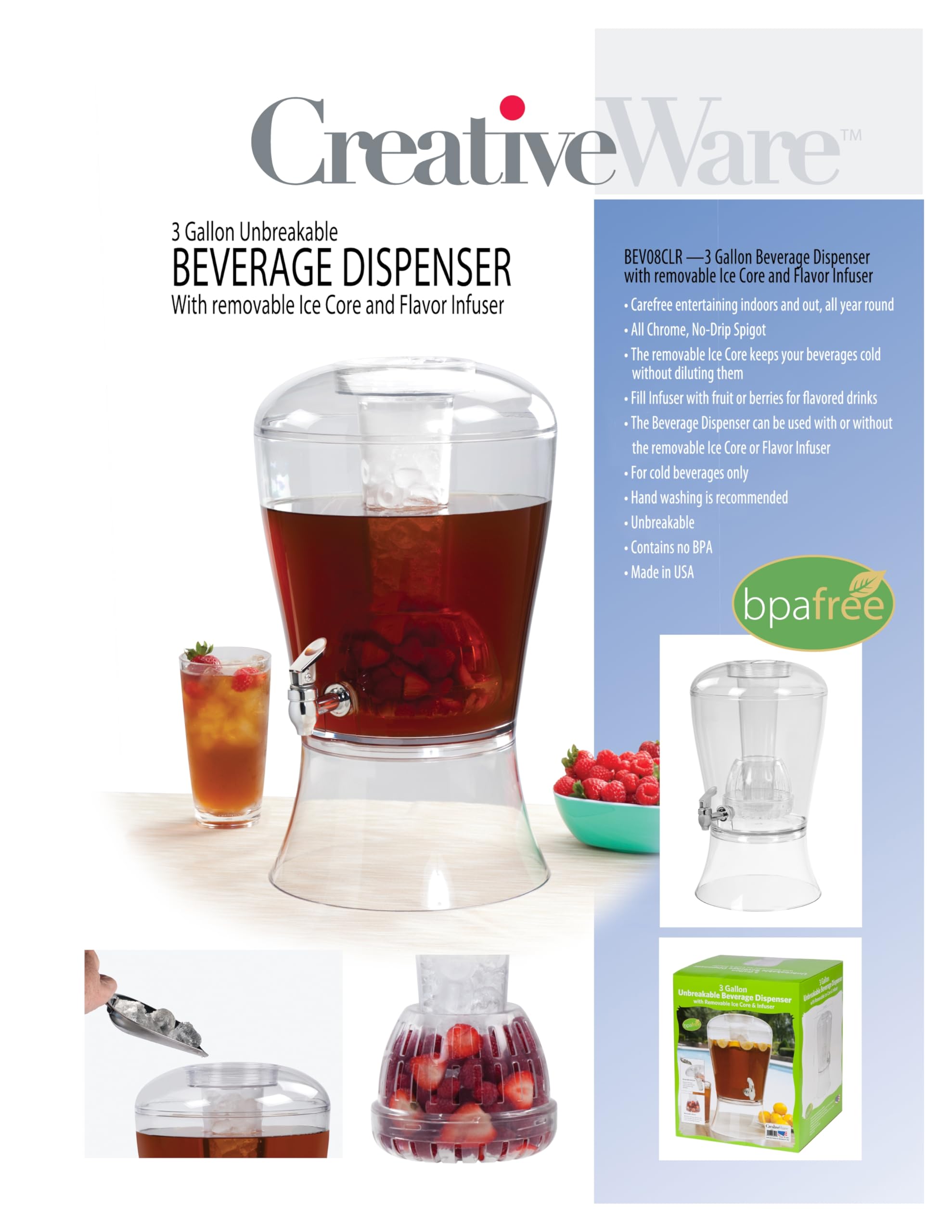 CreativeWare 3 Gallon Beverage Dispenser With Ice Cylinder And Fruit Infuser