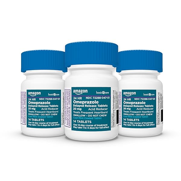 AMAZON BASIC CARE OMEPRAZOLE DELAYED RELEASE TABLETS 20 MG, COOL MINT, ACID REDUCER, TREATS FREQUENT HEARTBURN, 42 COUNT