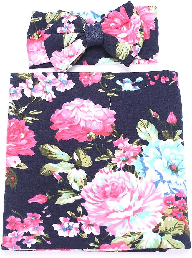 Newborn Receiving Blanket Headband Set Flower Print Baby Swaddle Receiving Blankets Galabloomer Navy Blue Rose: Home & Kitchen