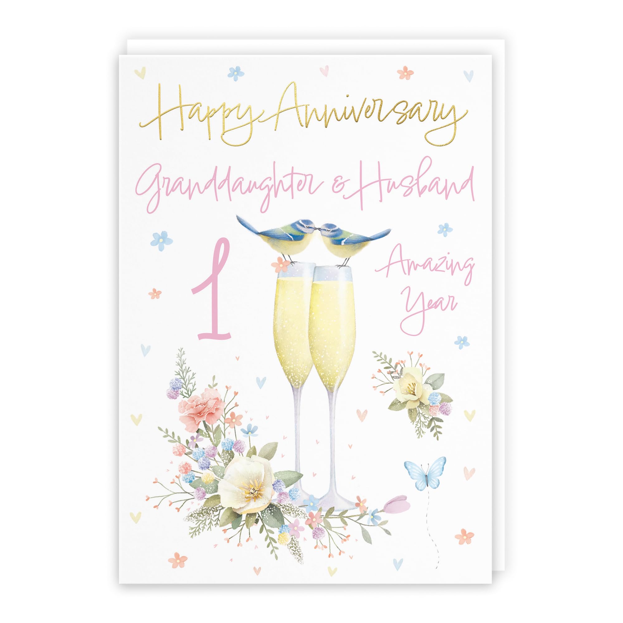 Hunts England - Granddaughter And Husband 1st Anniversary Card - A5 Size - Champagne Flutes - Gold Foil - 1st Anniversary Card For Granddaughter And Husband - Milo's Gallery
