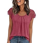 AUTOMET Womens Lace Tops Pleated Short Sleeve Shirts Summer Business Casual Dressy Blouses