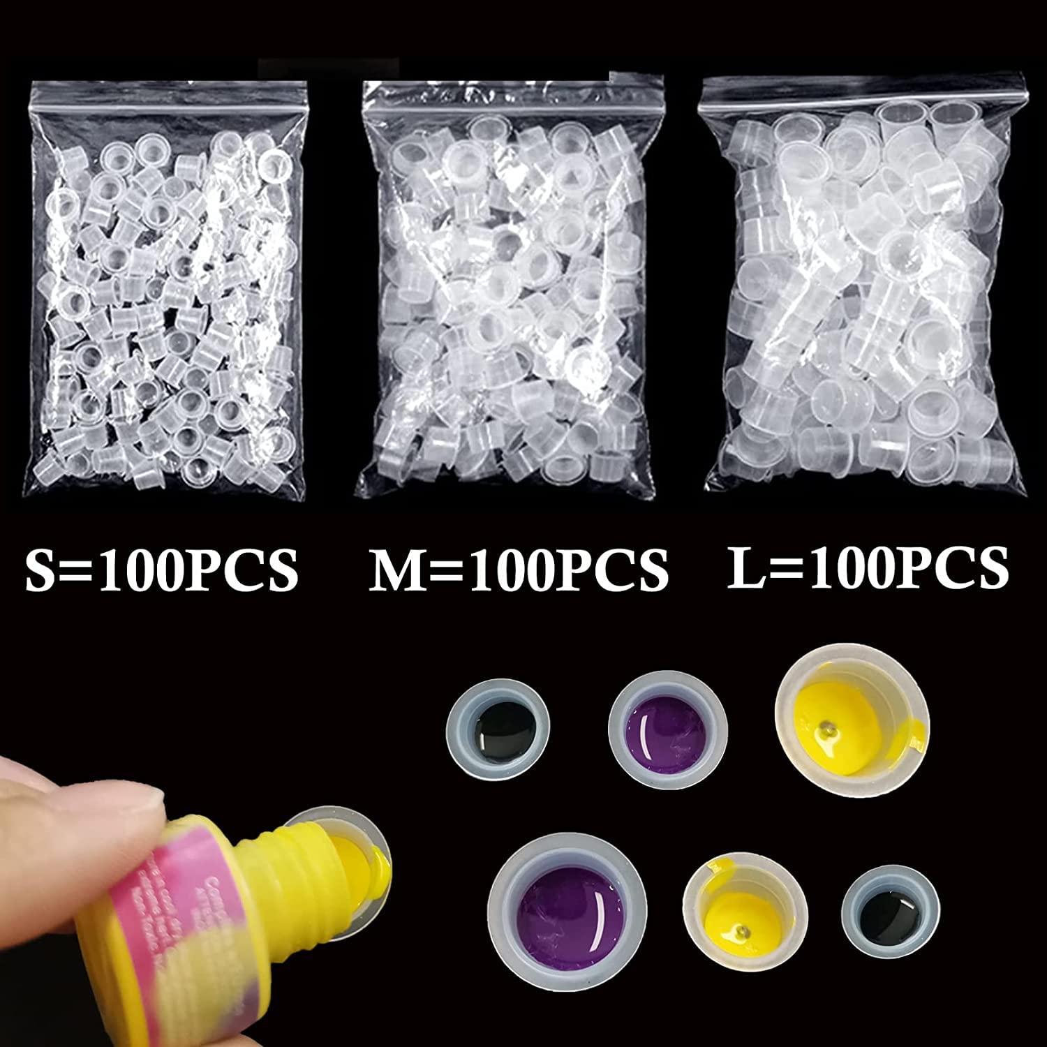 Tattoo Ink Caps, Urknall 300pcs Ink Cups Pigment Caps Disposable Cups for Tattooing Mixed Szie 100pcs #S 100pcs #M 100pcs #L for Tattoo Ink Supplies