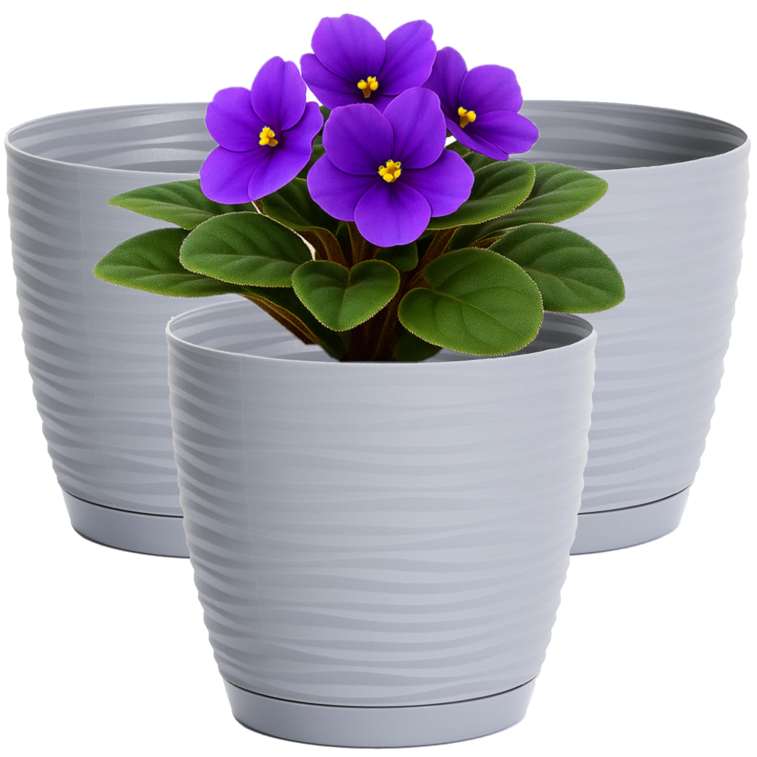 Home Garden Ornaments Wave Plant Pots Indoor, Set of 3 Indoor Plant Pot with 3D Effect, Drainage Holes, and Integrated Saucer, Plastic Flower Pots (Diameter: 11cm, Colour: Grey)