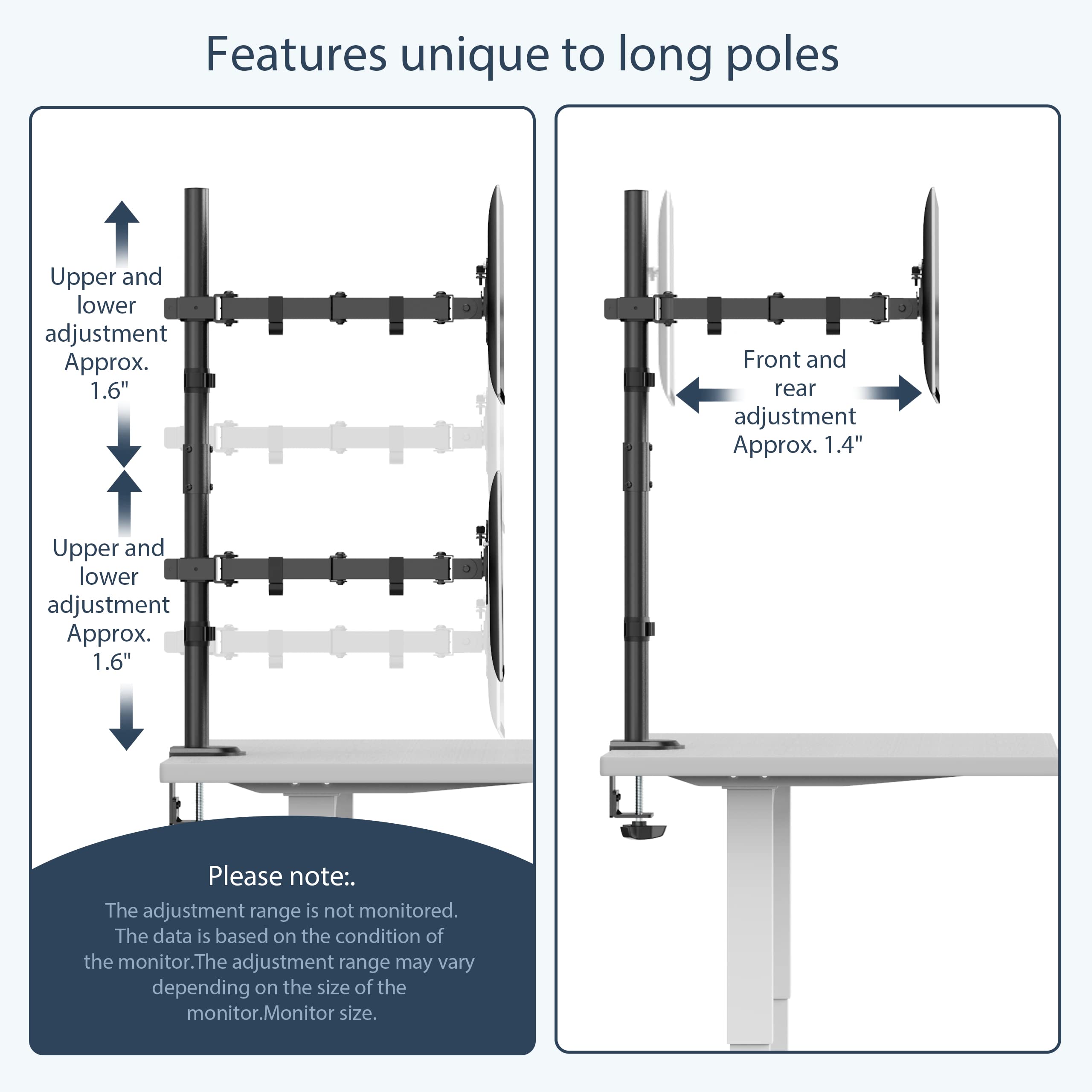 WORLDLIFT Dual monitor Vertical Stacked Desk Mount stand Fits 2 Screens up to 32 inches VESA compatible 75 100 Adjustable Arm Extra Tall Stand-up Pole Grommet C-Clamp Bases Space saving Black