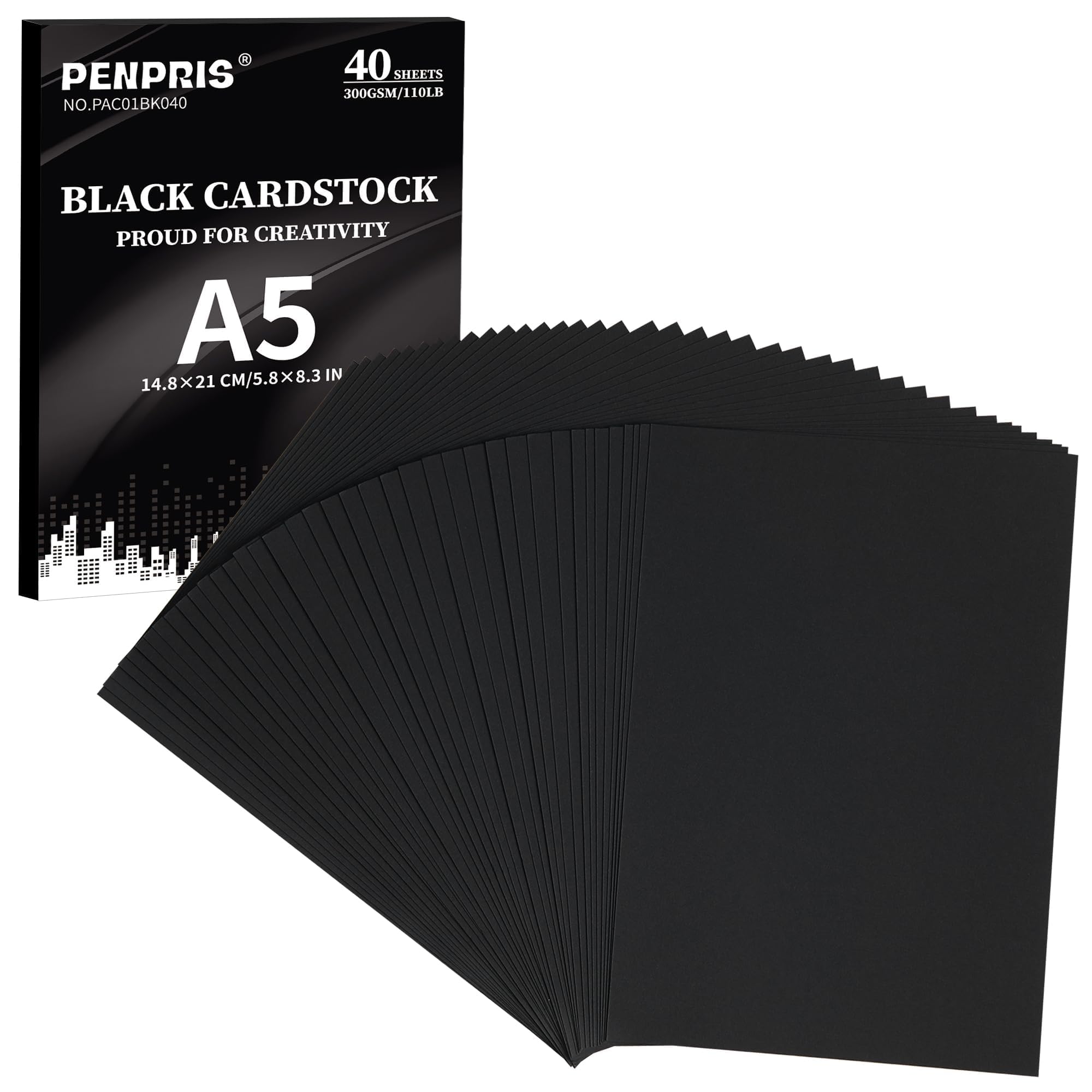 300gsm Black Cardstock - 40 Sheets A5 Size Cardboard Paper Cover Card Stock 110lb Heavyweight Paper Thick Paper for DIY Card Making,Invitations,Postcards,Business Cards PAC01BK040