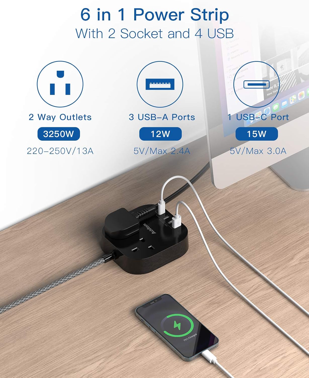 Extension Lead with USB Slots, Power Strips with 2 Way Outlets 4 USB(4.5A - Image 3