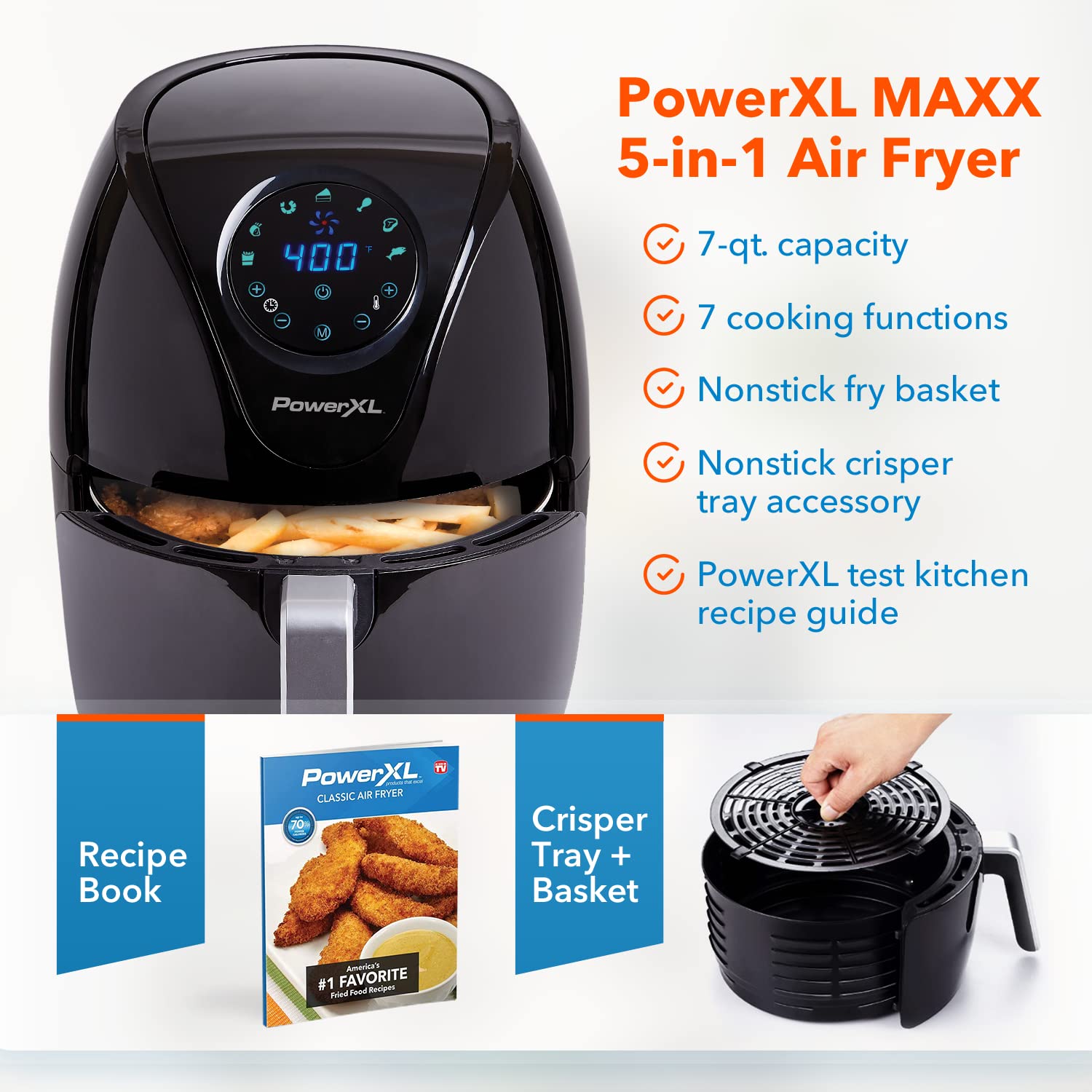 Freidora de aire PowerXL 7 QT Maxx Classic, freír con aire extra caliente, cocinar, crujiente, asar, asar, hornear, acabado de alto brillo, antiadherente, negro