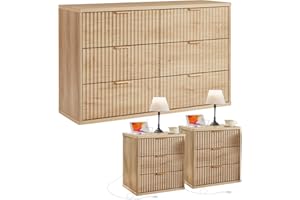 LEYAOYAO 48" Wide Fluted Dresser and 3 Drawers 23" Nightstand Set of 2, Wooden Dresser & Night Stand with Charging Station, 3 Piece Bedroom Furniture Set, Chest of Drawer for Living Room,Natural Wood