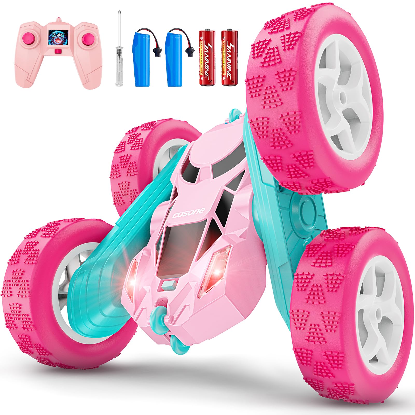 Photo 1 of Pink Remote Control Car for Girls - RC Stunt Cars with 4WD Double-Sided Driving 360° Flips Rotating, Off Road Remote Car Outdoor Toys for Kids Age 6 7 8-12, Christmas Birthday Gifts