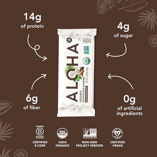 ALOHA ORGANIC PLANT BASED PROTEIN BARS – CHOCOLATE COCONUT ALMOND, VEGAN, LOW SUGAR, GLUTEN-FREE, LOW CARB, NON-GMO, NO STEVIA, NO ERYTHRITOL – 12 COUNT (PACK OF 1)