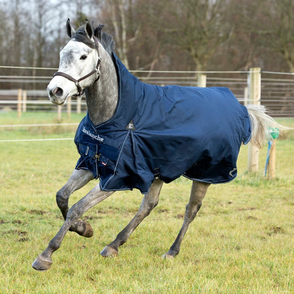 Horze Avalanche Horse Turnout Blanket 1200D Medium Weight 150g High Neck Rain, Mid Season Riding Rug, Breathable, Windproof, Waterproof, Size 5´9-7´3 Inch, Dark Blue, Black, Blue, 145