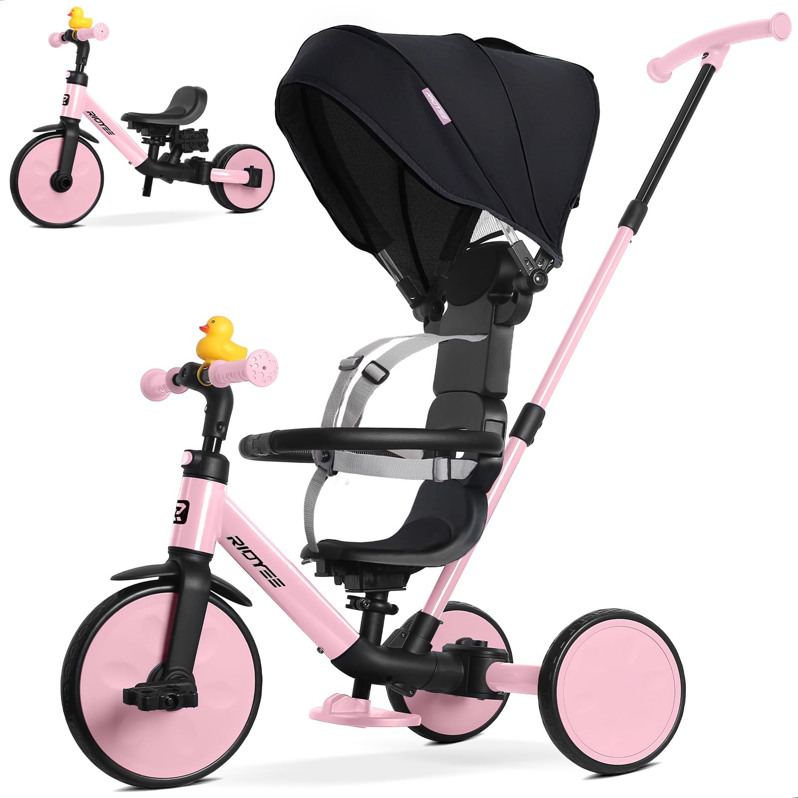 Photo 1 of RIDYEE 8-in-1 Tricycle for 1.5-5 Years, Tool-Free Switch, Toddler Tricycle with Parent Steering Control Handle for 1.5 to 5 Yrs, Toddler Trike 1.5-3 Years with 5-Point Harness and Large Canopy, Pink