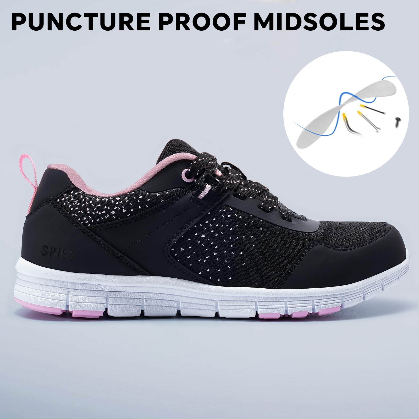 SPIEZ Leichte Arbeitsschuhe Damen Atmungsaktiv Pannensichere Sicherheitsschuhe für Damen, rutschfeste Modische Sneakers für die Arbeit und den Alltag (Schwarz-Rosa, EU 40) 6