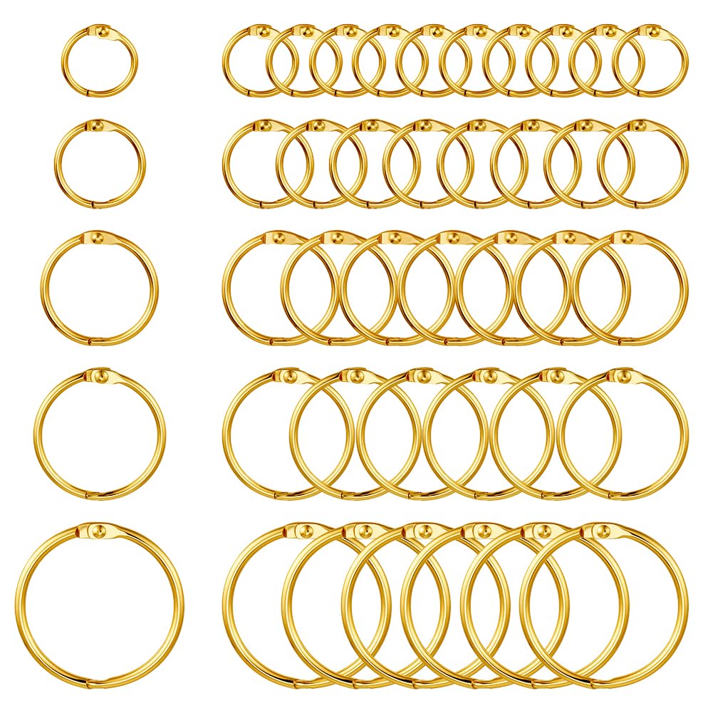 PH PandaHall 100 pcs Iron Loose Leaf Book Binder Hinged Rings Keychain Key Rings,Golden Color,Mixed Size
